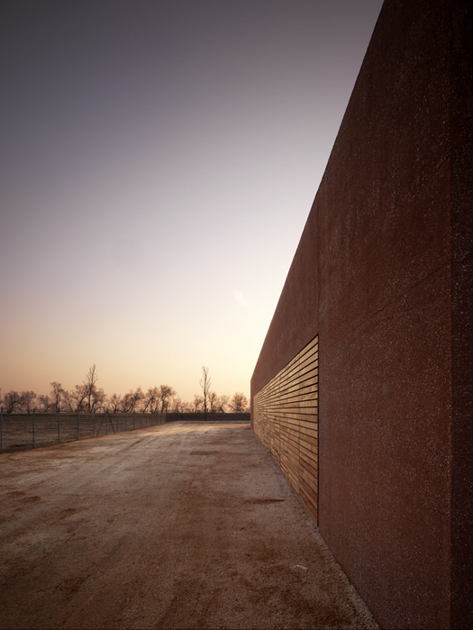 Detail of the concrete wall and the wood panels (Photo by Pietro Savorelli)